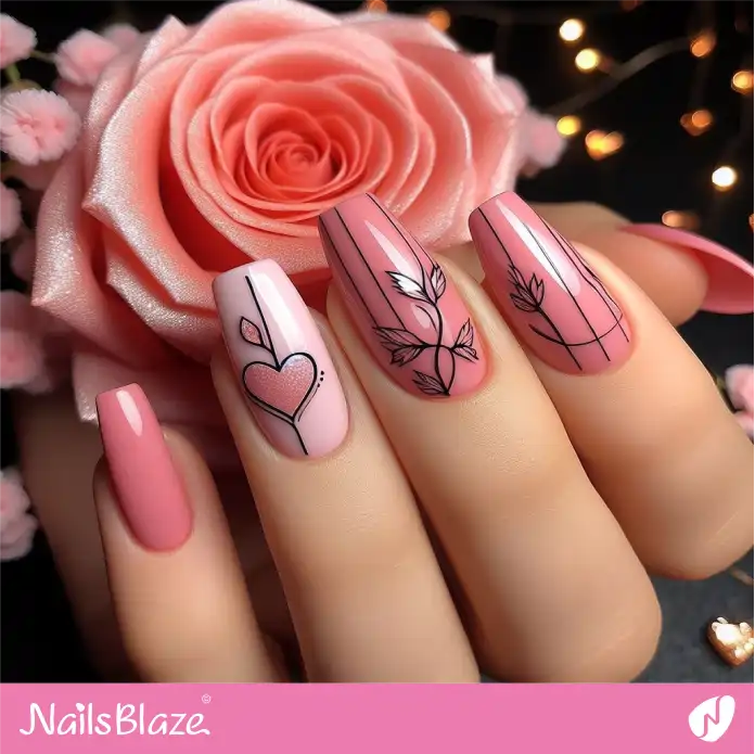 Valentine Pink Line Art Nails | Valentine Nails - NB2639